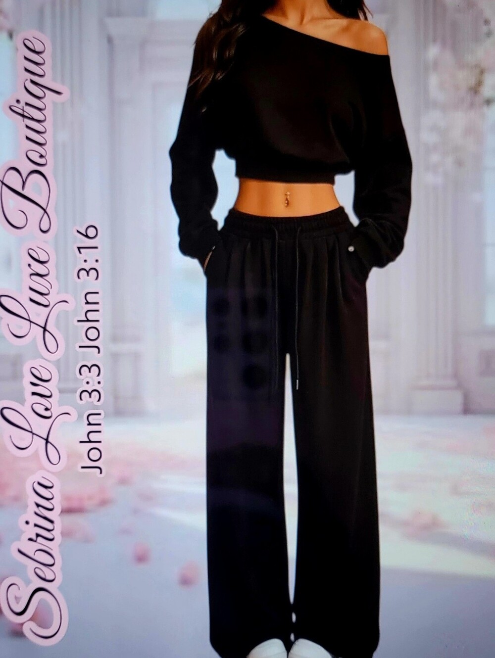 Cute Cozy Black Cropped Sweatshirt & Wide-Leg Jogger Loungewear Set